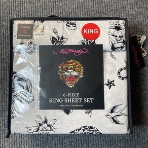 Ed Hardy 6-Piece KING Bedding Sheet Set White/Black Graphic Print Y2K Tiger Star